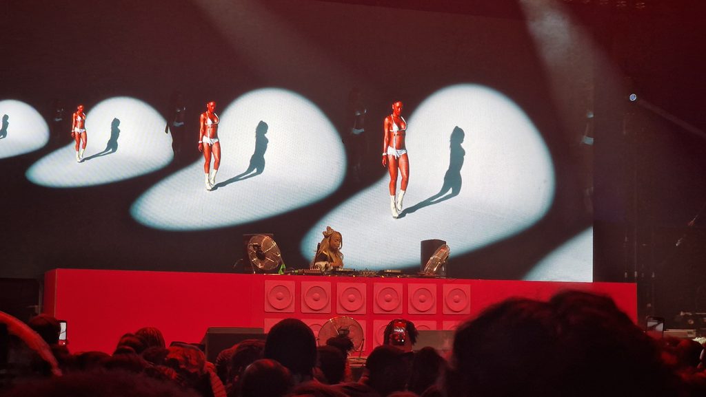 Uncle Waffles performing an amapiano DJ set with dancers at All Points East 2026