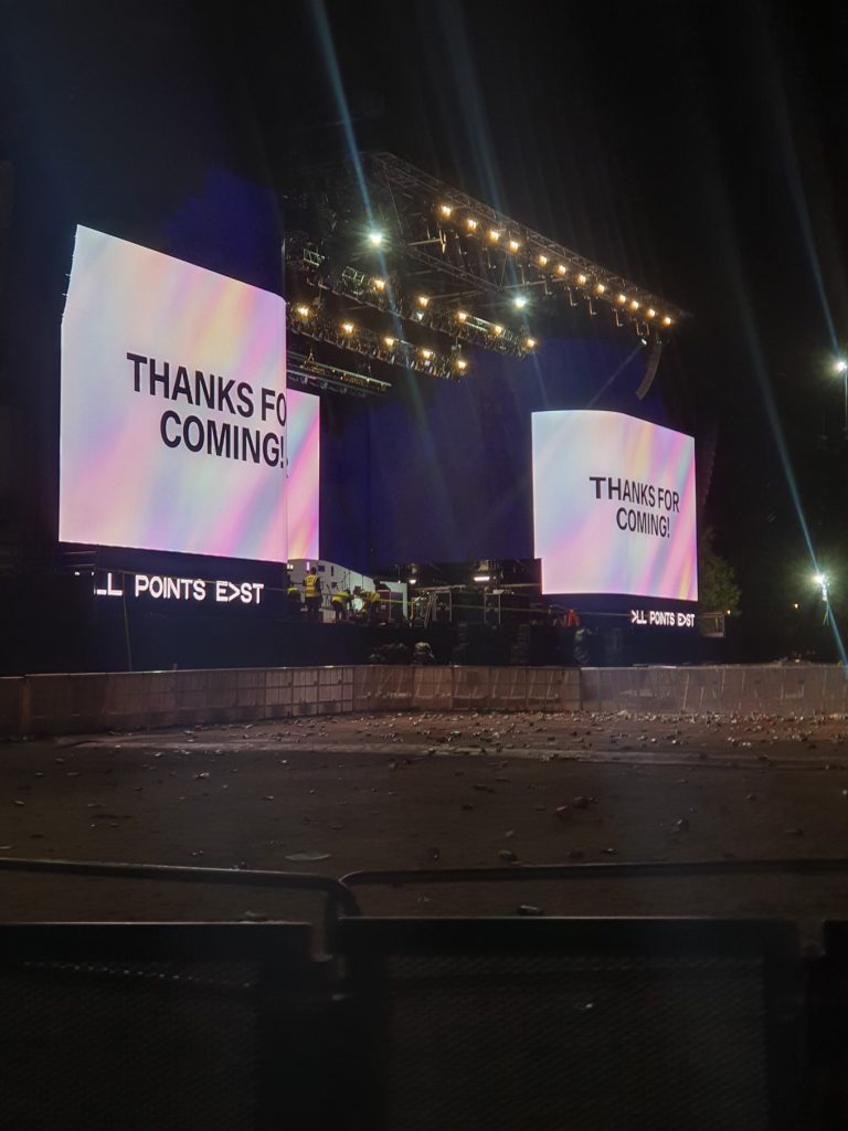 Thanks for coming message displayed on the All Points East stage at the end of the festival