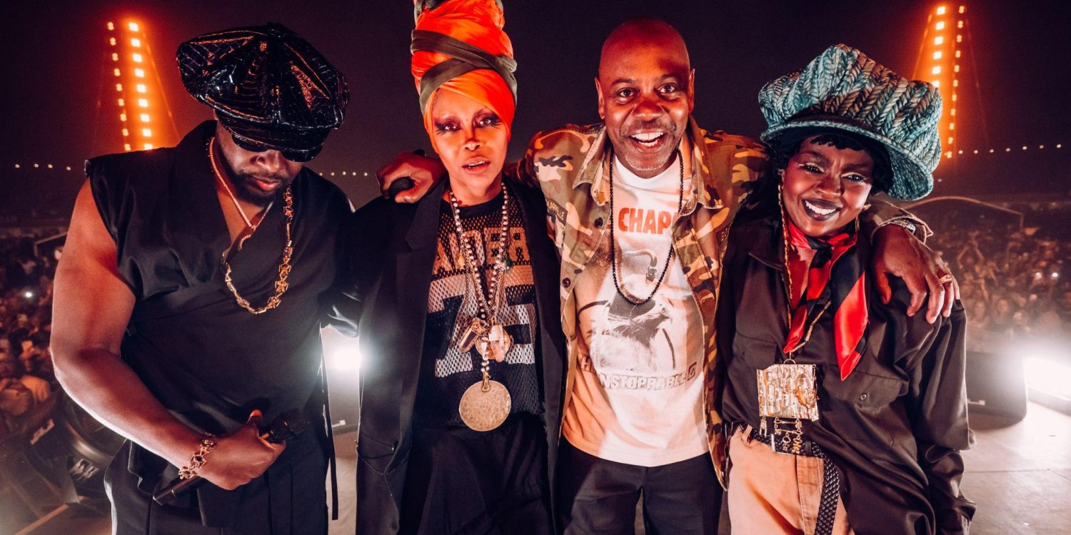 Wyclef Jean, Erykah Badu, Dave Chappelle and Lauryn Hill pose together at Diaspora Calling 2026 at Milton Keynes National Bowl