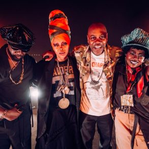 Wyclef Jean, Erykah Badu, Dave Chappelle and Lauryn Hill pose together at Diaspora Calling 2026 at Milton Keynes National Bowl