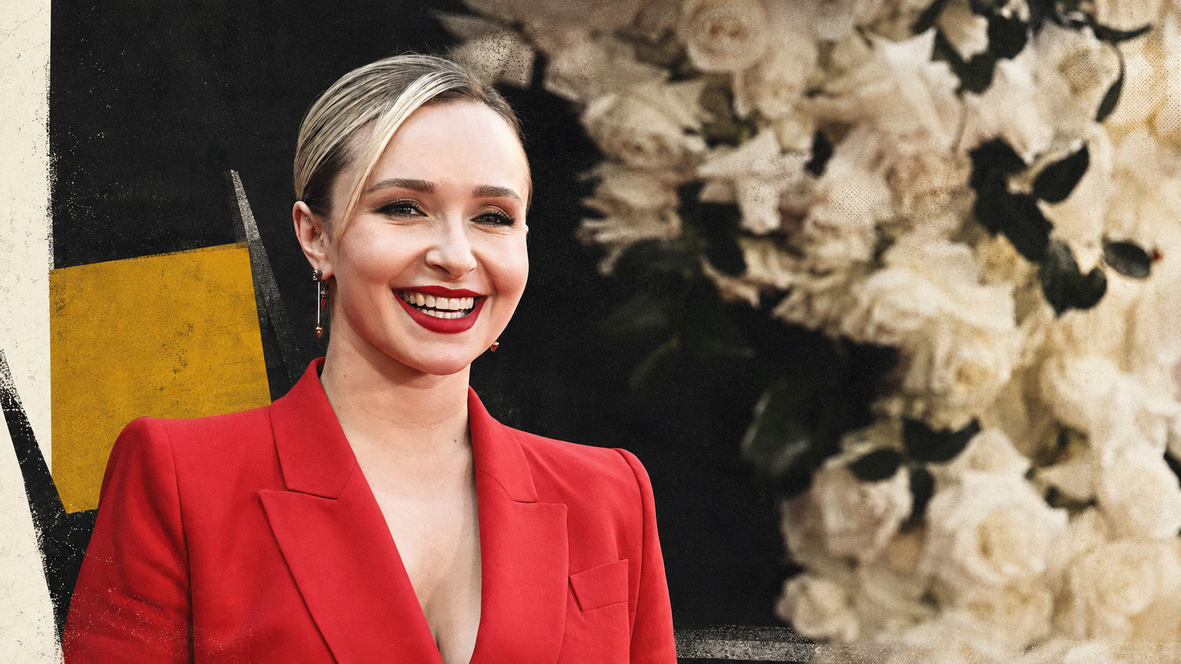 Hayden Panettiere smiling in a red suit at a red-carpet event