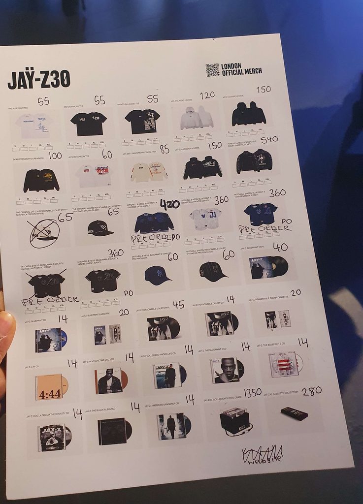 JAY-Z 30 London pop-up merchandise price list in Camden