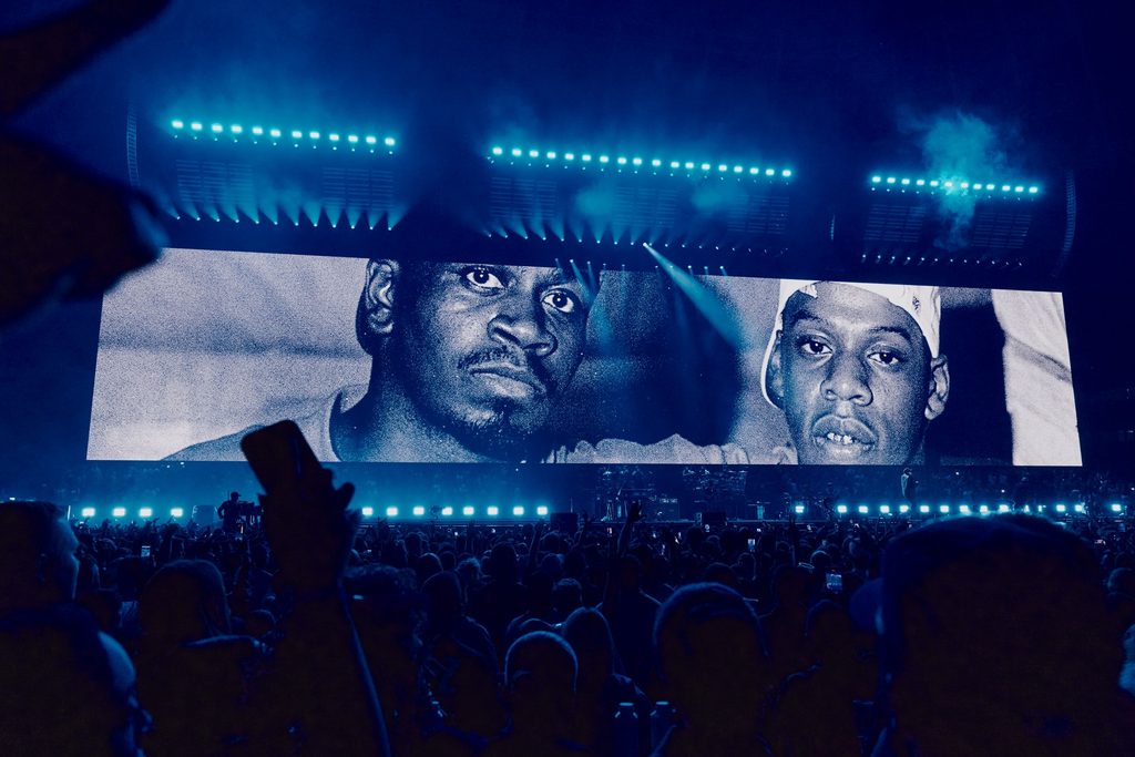 JAY-Z 30 London concert at Tottenham Hotspur Stadium with archival JAY-Z visuals on the stage screen