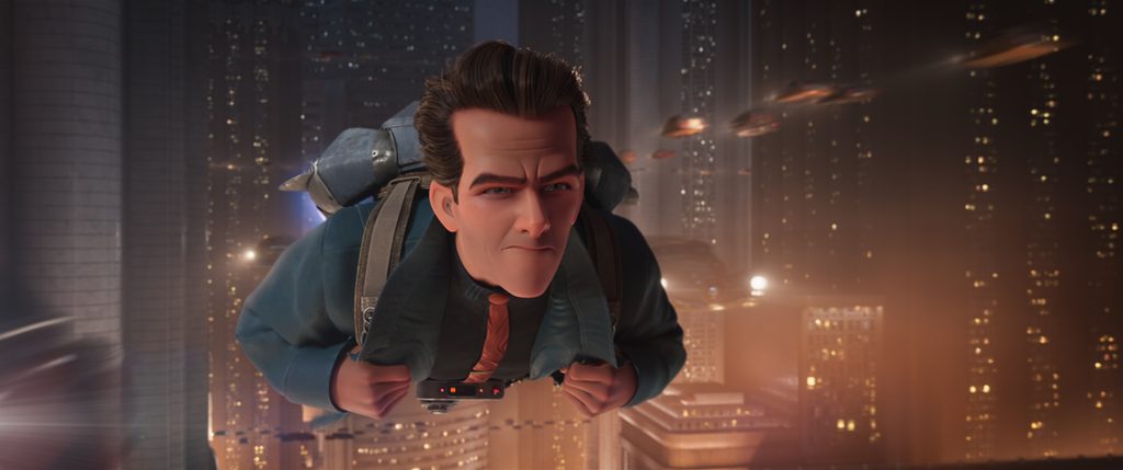 Animated private detective Ray Gunn flying through a futuristic city at night in Brad Bird's 2026 sci-fi noir film.