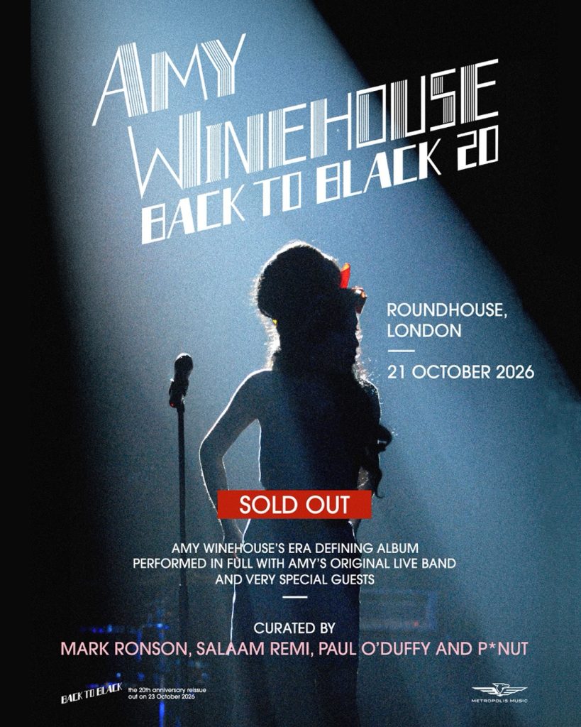 Amy Winehouse Back to Black 20 sold-out concert poster for the Roundhouse in Camden, London, on 21 October 2026.