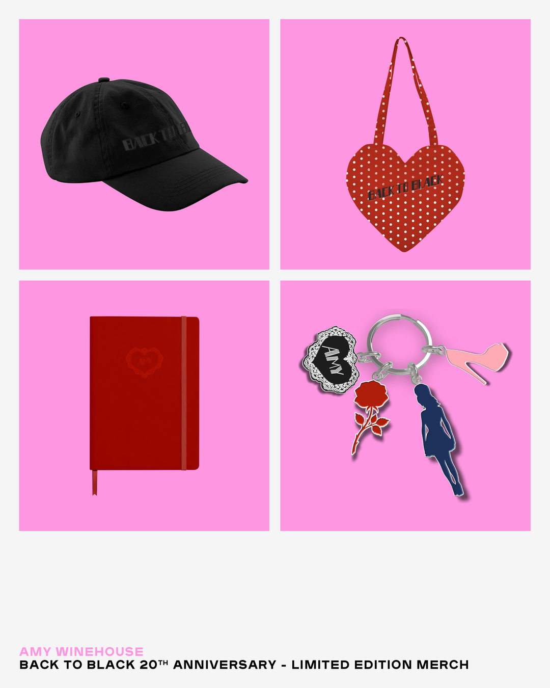 Amy Winehouse Back to Black 20th anniversary merchandise featuring a black cap, red heart tote bag, notebook and keyring.