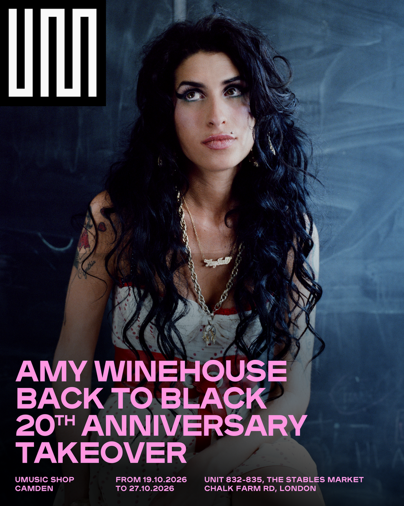 Amy Winehouse Back to Black 20th anniversary takeover poster featuring her portrait and event details for UMusic Shop Camden, 19–27 October 2026.