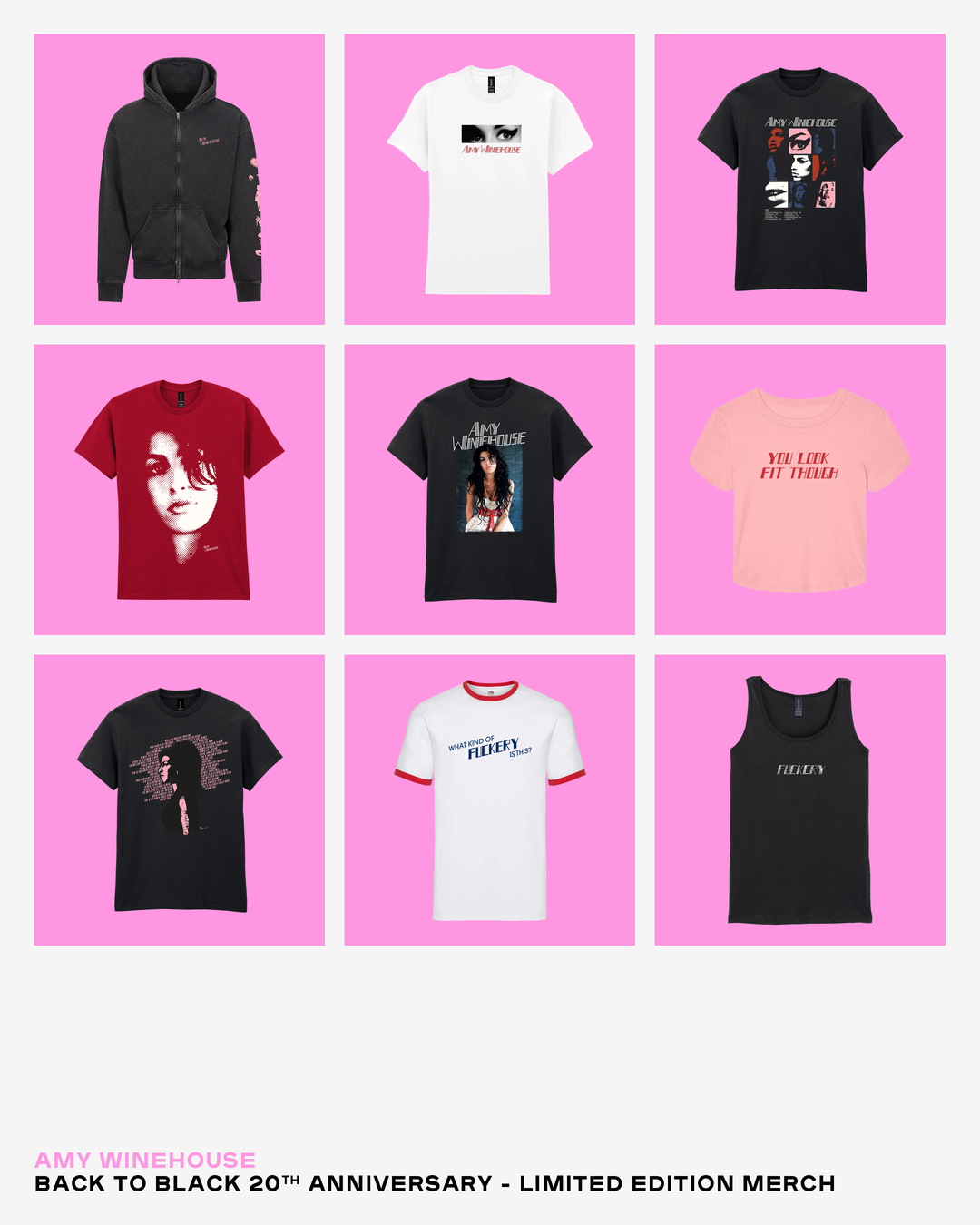 Amy Winehouse Back to Black 20th anniversary fashion collection featuring graphic T-shirts, a black hoodie and a vest against a pink background.
