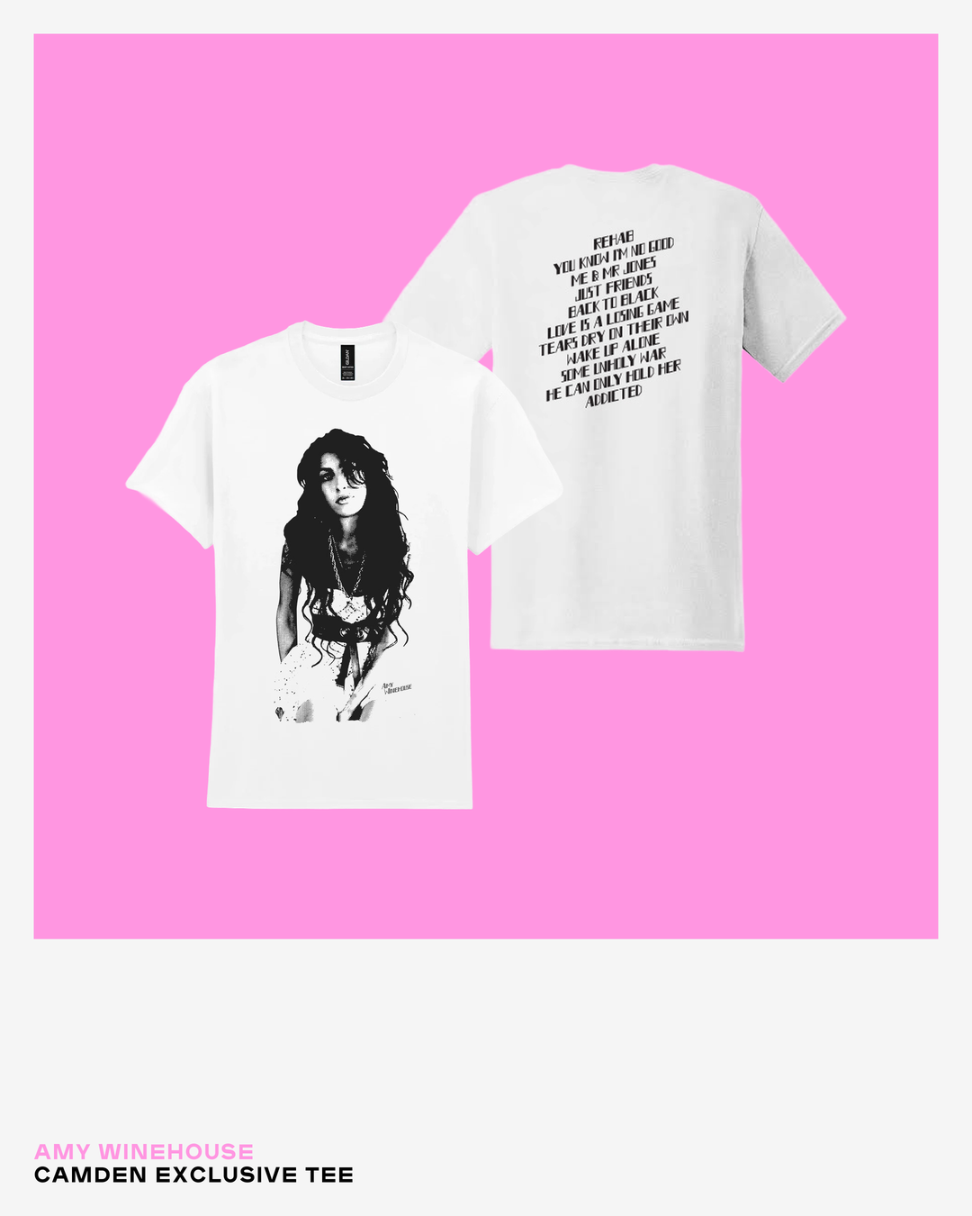 Amy Winehouse Camden-exclusive white T-shirt featuring her portrait on the front and Back to Black song titles printed on the back.