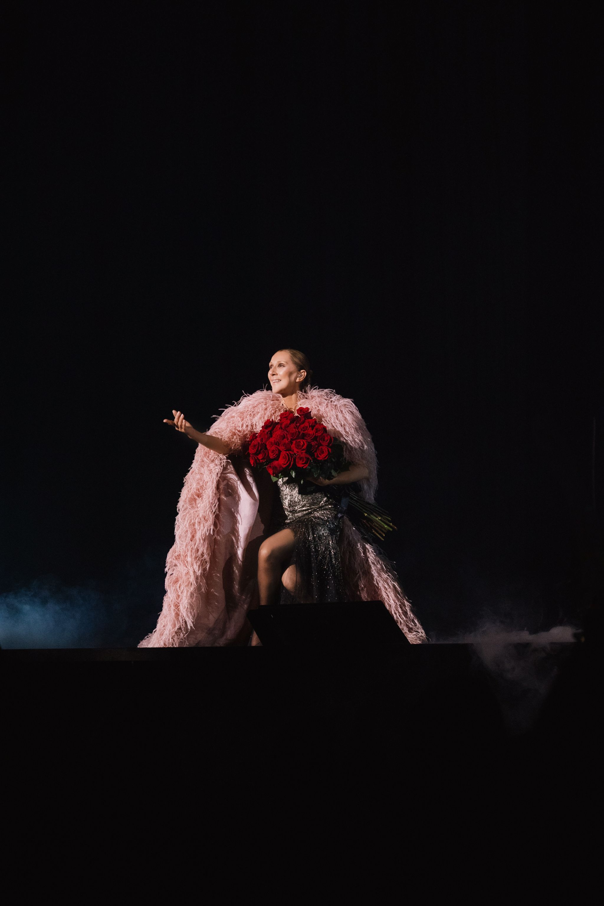 Céline Dion wearing a pink feathered cape and holding red roses on stage during her Paris concerts in 2026.