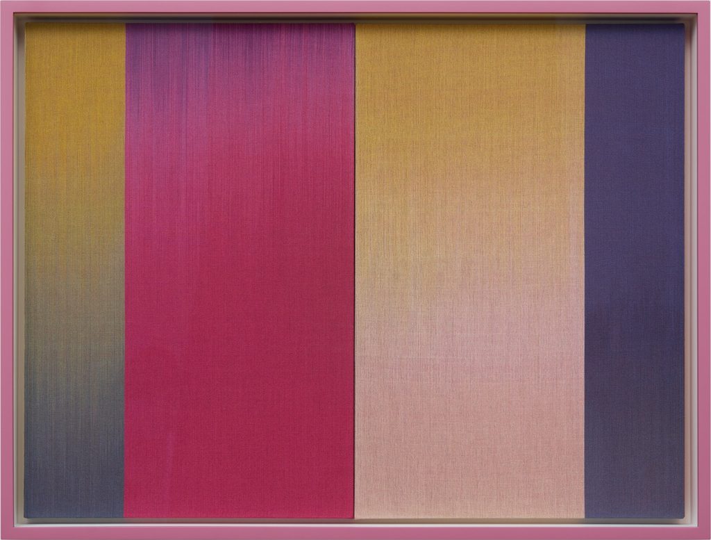 Ptolemy Mann's Untitled textile artwork featuring geometric bands of pink, purple, yellow and muted tones, presented at Frieze Masters 2026.