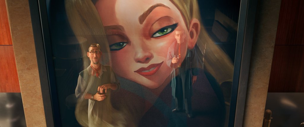 An enormous portrait of animated superstar Venus Nova dominates a scene featuring two characters in Brad Bird's film Ray Gunn (2026).