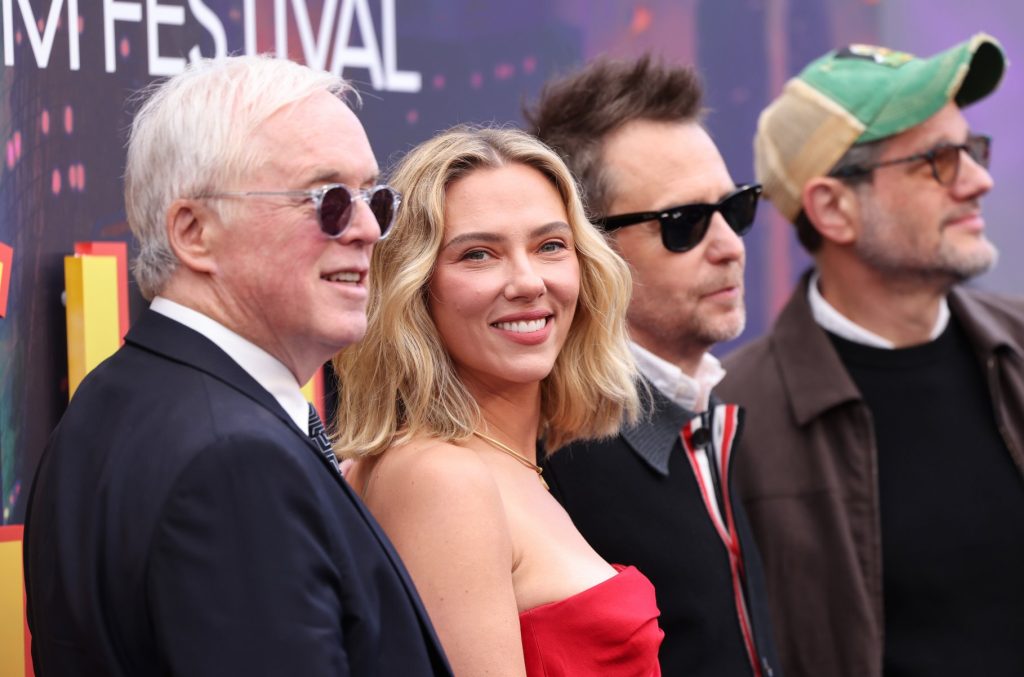 Brad Bird, Scarlett Johansson, Sam Rockwell and Michael Giacchino together on the blue carpet at the Ray Gunn world premiere, BFI London Film Festival 2026.