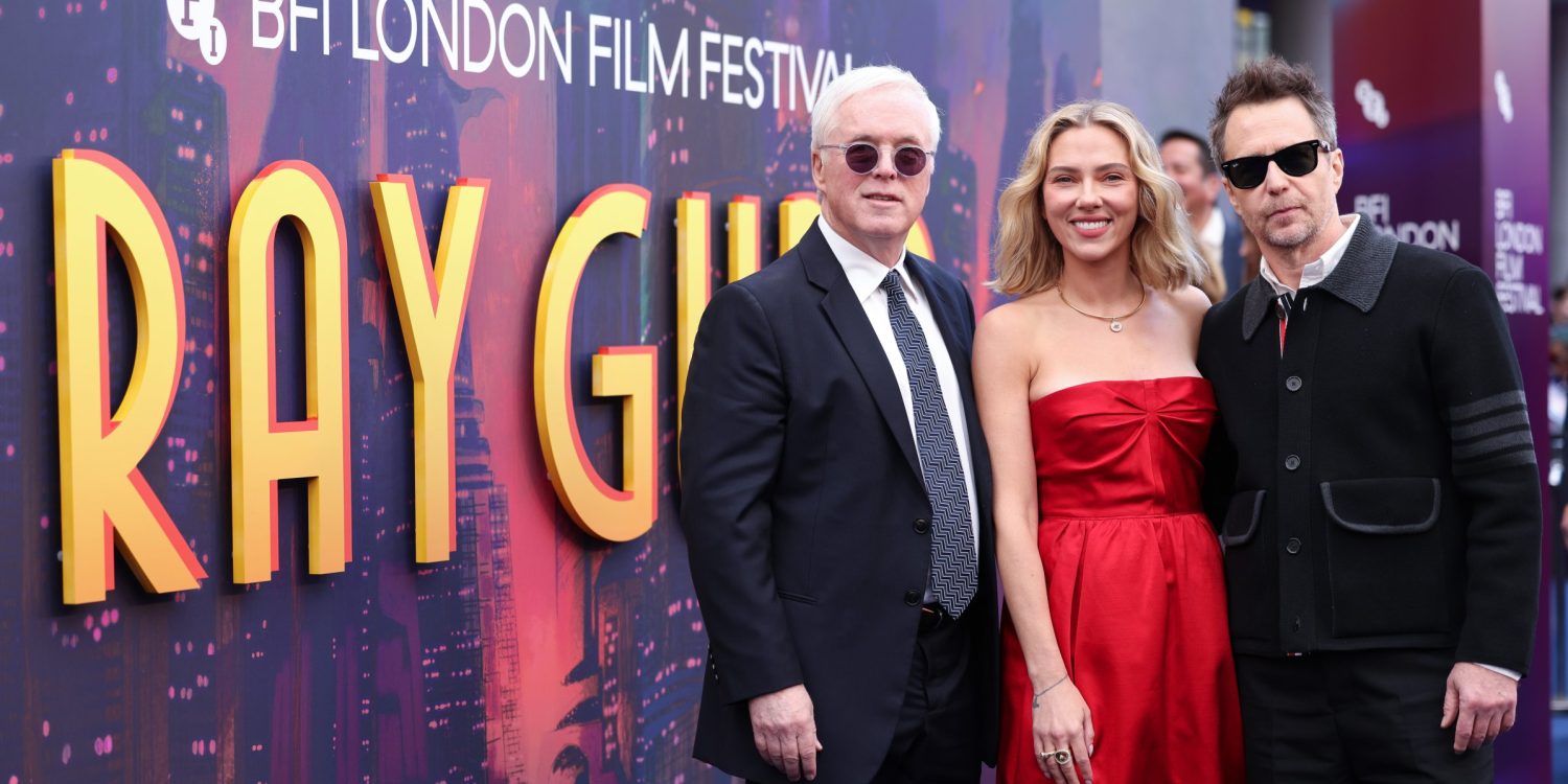 Brad Bird, Scarlett Johansson and Sam Rockwell at the Ray Gunn world premiere during BFI London Film Festival 2026.