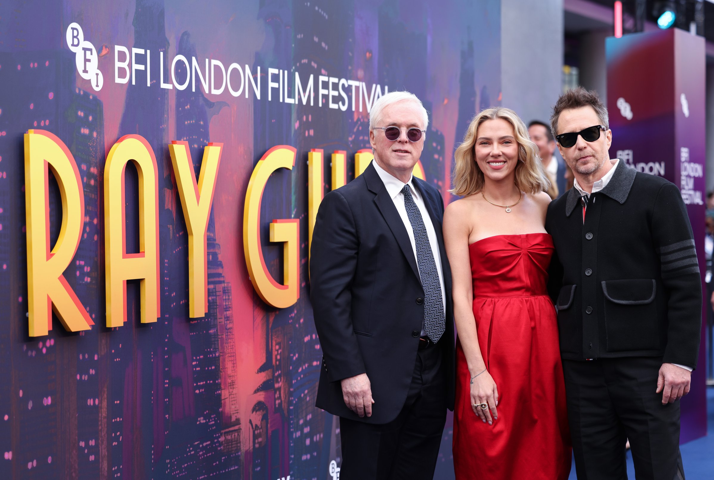 Brad Bird, Scarlett Johansson and Sam Rockwell at the Ray Gunn world premiere during BFI London Film Festival 2026.