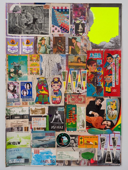 Shinro Ohtake's Retina/Yellow RAM 2 collage featuring Japanese pop culture imagery, vintage advertisements, photographs and neon yellow graphics.