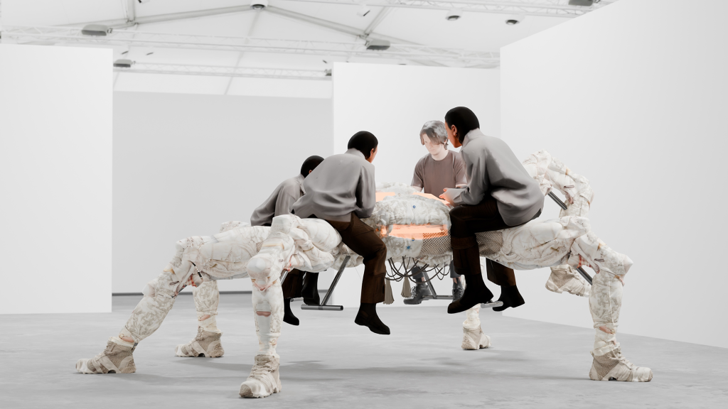 Digital render of Theo Triantafyllidis's Feral Metaverse (Spider) installation for Frieze London 2026, featuring a spider-like sculpture and human figures.